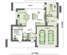 План будинку в стилі мінімалізм площею 224 кв. м з гаражем на дві машини