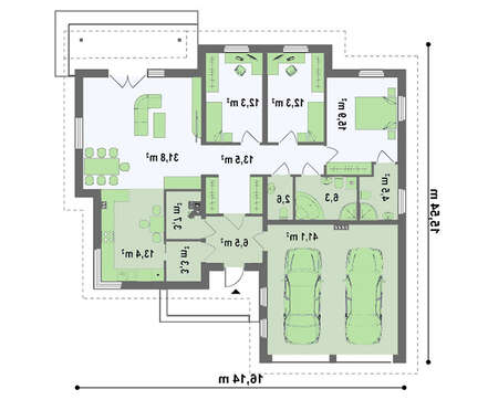 Проект одноповерхового котеджу з гаражем для двох авто Проект одноповерхового котеджу з гаражем для двох авто