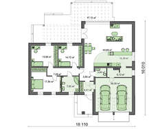 Проект одноповерхового котеджу з фронтальним гаражем для двох машин