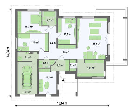Проект затишного одноповерхового будинку з гаражем на 160 m²