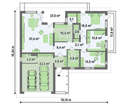 Проект котеджу з гаражем для двох авто