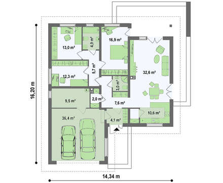 Проект одноповерхового будинку з гаражем на 2 авто