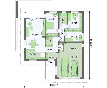 Проект одноповерхового будинку з гаражем на 2 авто