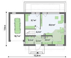 Проект невеликого світлого котеджу з гаражем, стильними великими вікнами