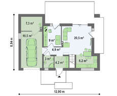 Проект сучасного світлого котеджу з гаражем і двосхилим дахом