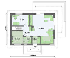 Проект невеликого дачного будинку з кутовим вікном в кухні