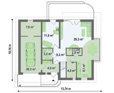 Проект будинку з мансардою, скляним еркером і гаражем