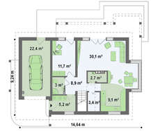 Проект будинку з гаражем, скляним еркером і балконами