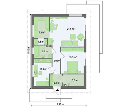 Проект невеликого одноповерхового будинку з зручним бічним входом