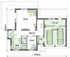 Проект будинку з гаражем на два авто і великою кімнатою над ним