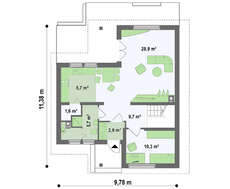 Проект дачного маленького будинку з мансардою для невеликої ділянки