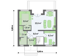 Проект будинку з мансардою, балконом, і кухнею з боку саду