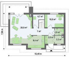 Проект класичного будинку з великою кімнатою на першому поверсі
