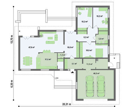 Проект одноповерхового будинку з гаражем, на 200 m²