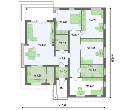 Проект стильного просторого сучасного одноповерхового котеджу