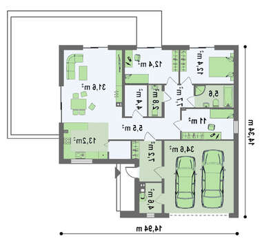 Проект стильного одноповерхового будинку з великим гаражем для 2 авто