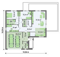 Проект стильного одноповерхового будинку з великим гаражем для 2 авто