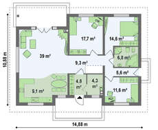 Проект одноповерхового будинку в класичному стилі з чотирьохскатним дахом
