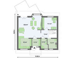 Проект невеликого затишного дачного будинку з двосхилим дахом