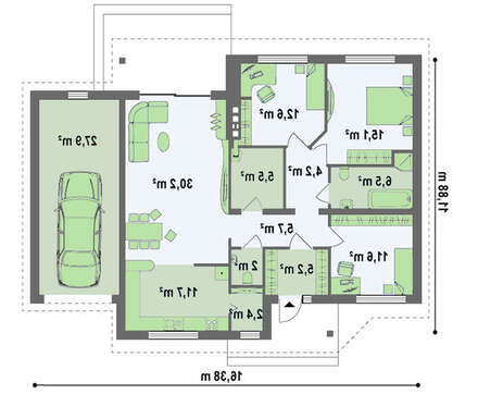 Проект одноповерхового класичного будинку з гаражем