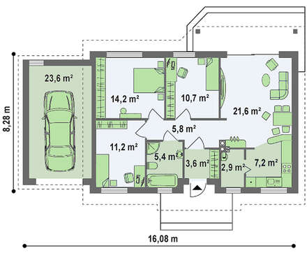 Проект комфортного затишного одноповерхового котеджу з гаражем