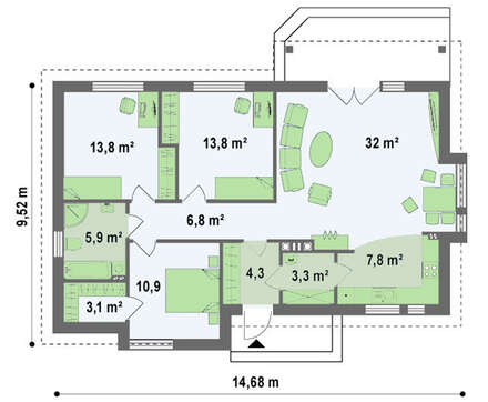 Проект одноповерхового котеджу з сучасними елементами фасадів