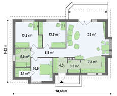 Проект одноповерхового котеджу з сучасними елементами фасадів