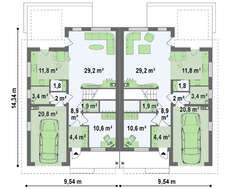 Проект будинку на дві сім'ї з окремими входами і двома гаражами