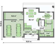 Проект двоповерхового сучасного будинку з великим гаражем та сауною