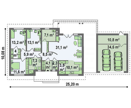 Одноповерховий котедж з оригінально прибудованим гаражем