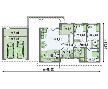 Одноповерховий котедж з оригінально прибудованим гаражем