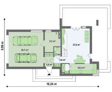 Проект двоповерхового котеджу модерн з великою терасою над гаражем