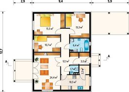 Проект одноповерхового котеджу з прибудованим навісом для автомобіля